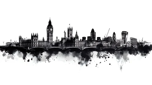London riverside skyline rendered in monochrome ink wash.