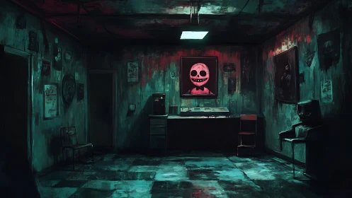 Derelict office interior shows eerie pink smiling portrait