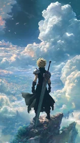 Armored swordsman stands on cliff edge above illuminated city