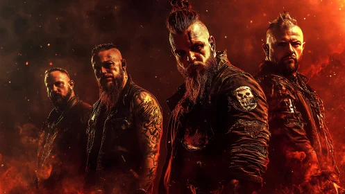 Firelit metal band portraits under blazing ember haze.