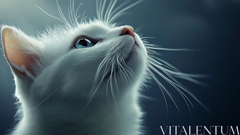 Luminous White Cat Gazing Upward in Studio Light.