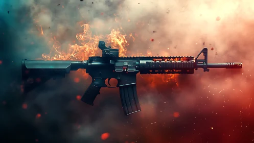 Tactical rifle engulfed in fiery explosion and debris.