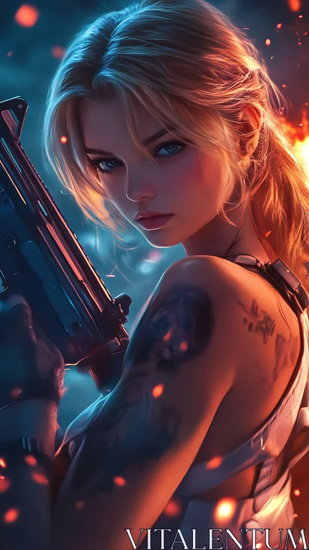 Armed blonde warrior holds SMG amid glowing embers