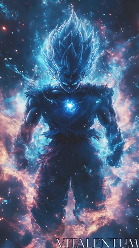 Blue-haired energy warrior stands in glowing cosmic aura