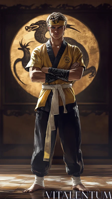 Karate fighter in yellow gi before stylized dragon emblem.