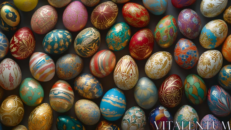 Gilded rainbow eggs lined in a joyful, jewel-toned spread.