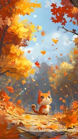 Orange cat on forest path under falling autumn leaves.