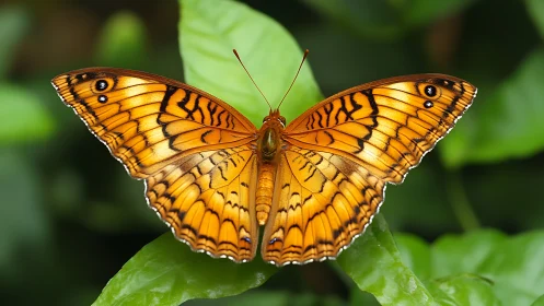 Macro study of orange butterfly symmetry on green foliage.