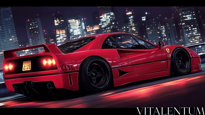 Red supercar glowing against a sleek neon city skyline.