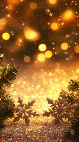 Glittered snowflake foreground with golden festive bokeh field.