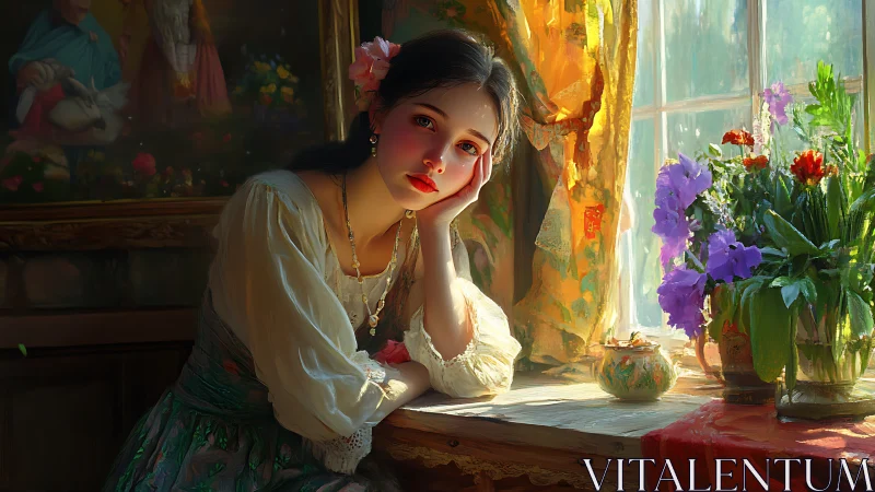 Young woman at sunlit window with flowers and curtain.