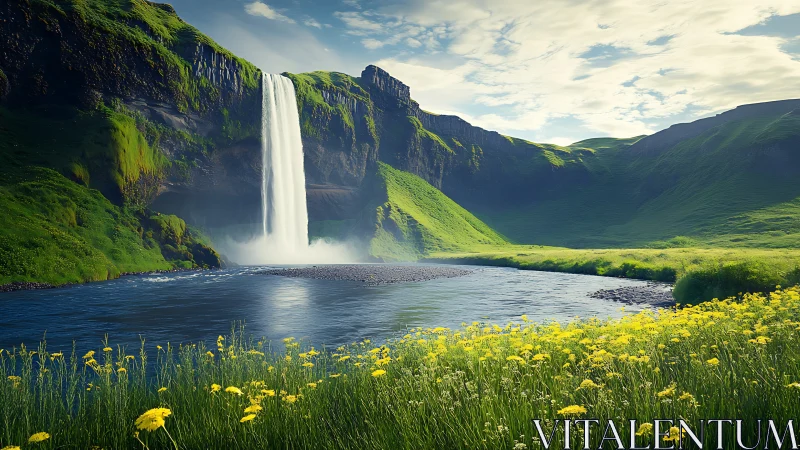 Tall waterfall over green cliffs above calm river valley.