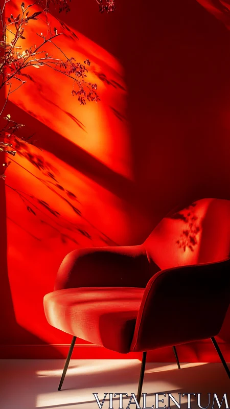 Chromatic red lounge chair in high-contrast shadow field.