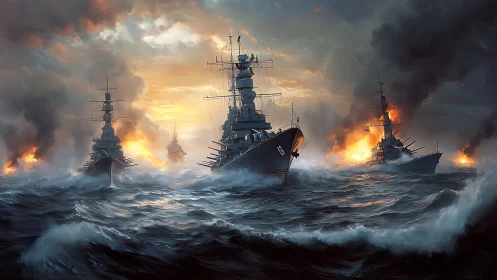 Steel leviathans carve burning horizons through stormfire seas