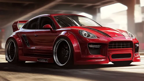 Widebody red sports coupe rendered with dynamic motion lighting