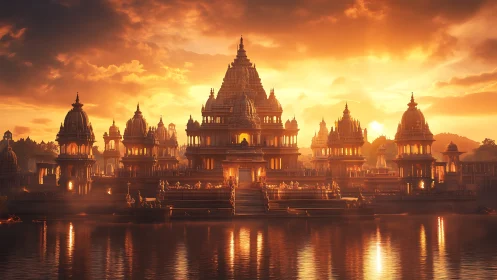 Golden temple city glows over tranquil reflective waters.