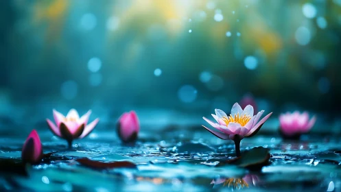 Lotus flowers floating in blue water with bokeh background