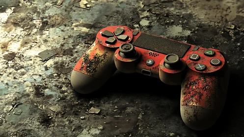 Weathered red game controller rests on a rugged metal floor