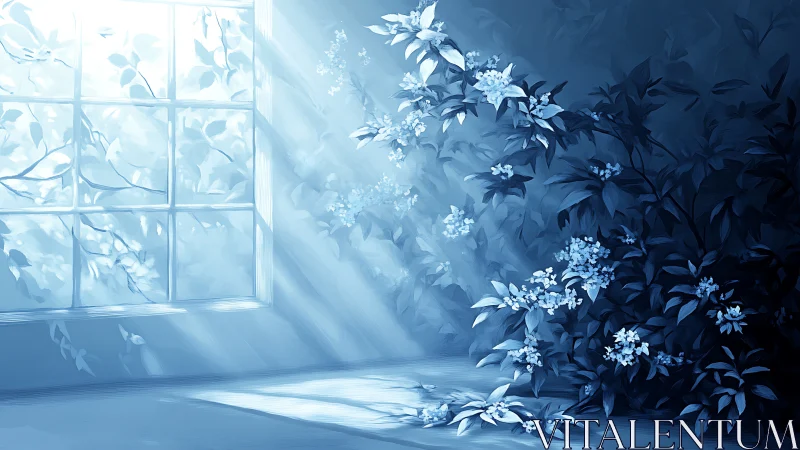 Diffuse window light on blue-toned flowering interior foliage