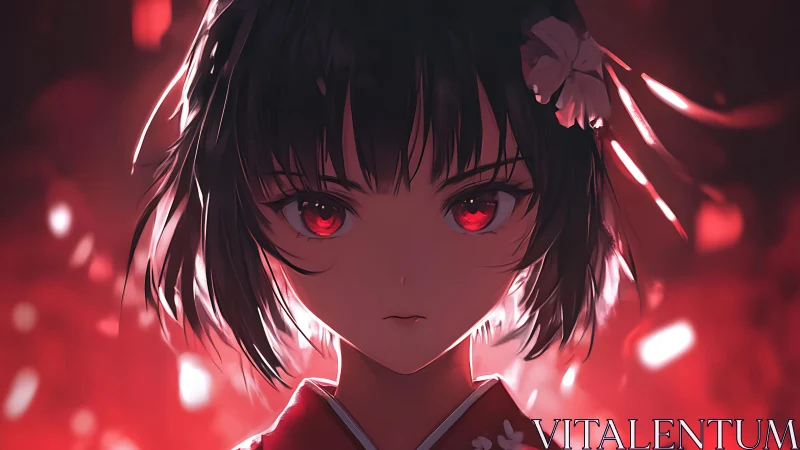 Crimson gaze girl in embers of night, quiet and unyielding.