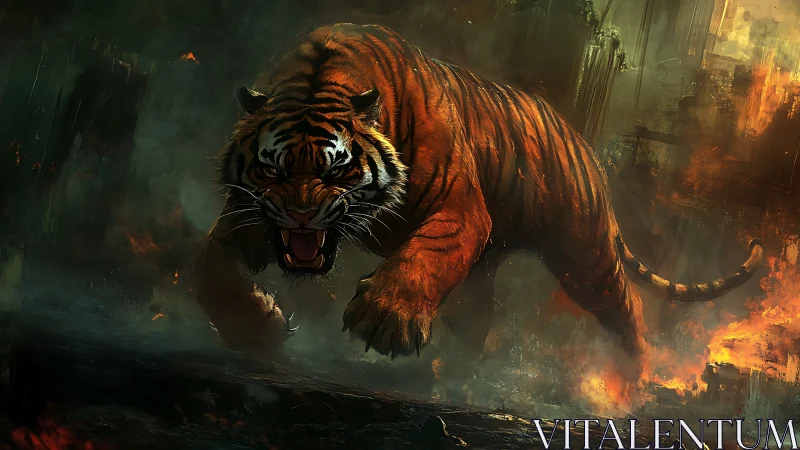 Ferocious tiger charging forward through fire and smoke.