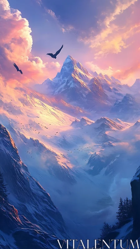 Soaring ravens above sunlit alpine peak at twilight.