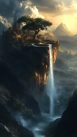 Fantasy Cliff Kingdom with Waterfall and Mountain Peaks.