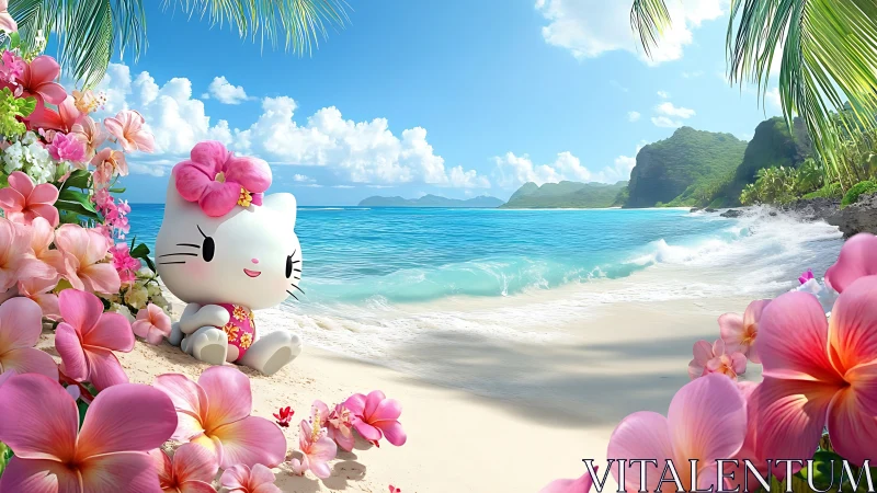 Tropical Paradise: Hello Kitty Beach Sanctuary with Pink Floral Frame.