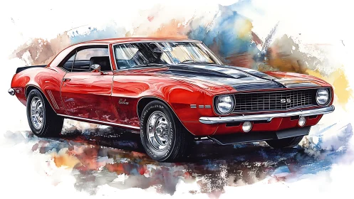 Watercolor-rendered 1969 Camaro SS with reflective chrome detailing