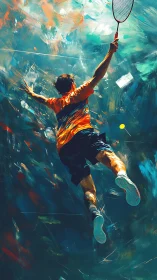 Badminton player jumps upward to smash incoming shuttlecock