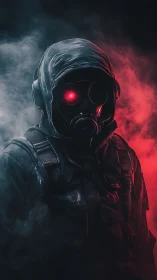 Hooded figure in gas mask stands amid red and blue smoke