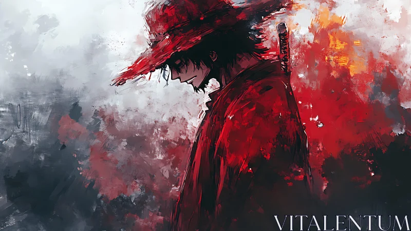 Solitary figure in red cloak and hat with sword profile.