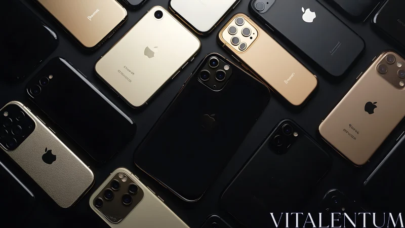 Shimmering gold and black iPhones create a sleek tech mosaic