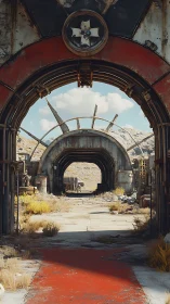 Metal archways frame a linear view through a desert facility