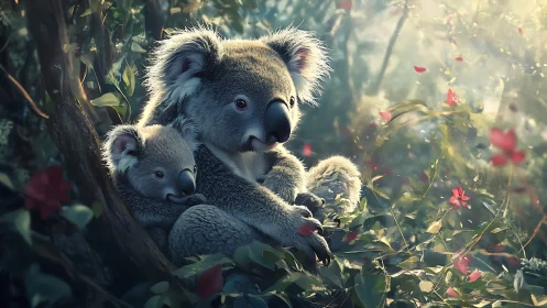 Koala mother cradles her drowsy joey in sunlit forest hush
