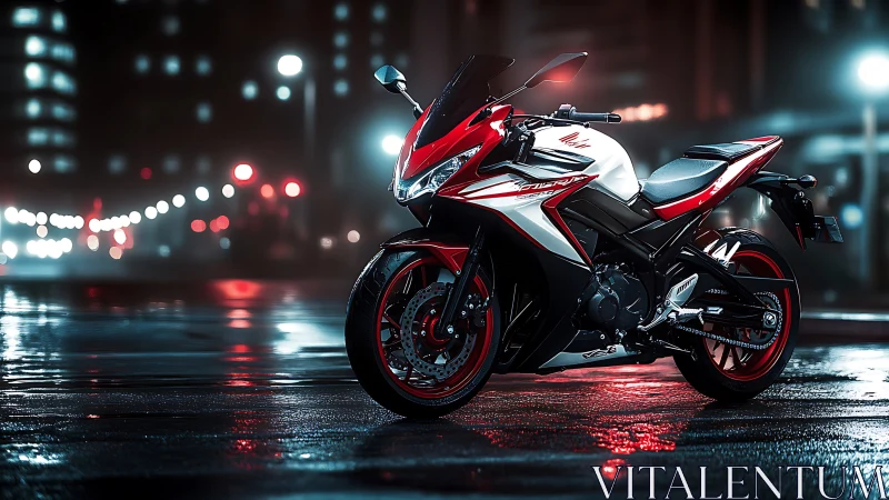 Sport motorcycle on wet city street at night, side view.