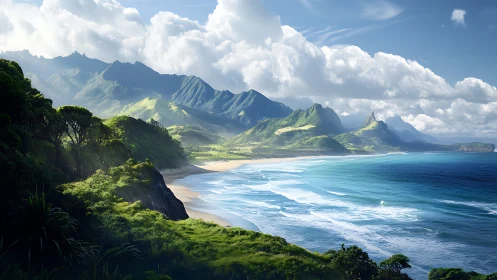 Tropical Coastline with Volcanic Mountains and Emerald Waters