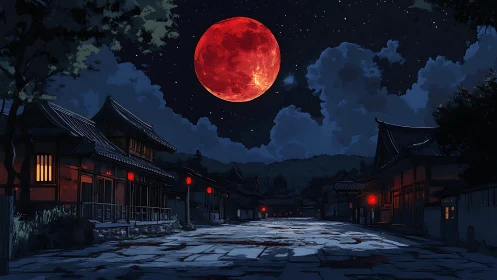 Red lunar disk above empty traditional street at night.