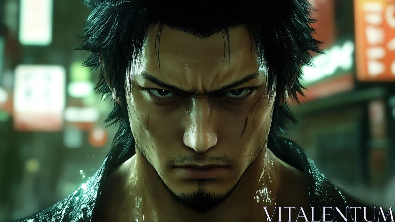 Brooding warrior glares through neon-lit city rainstorm.