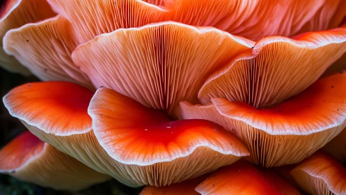 Macro stratified gill structure of overlapping orange fungi.