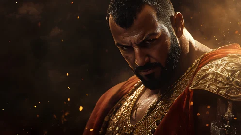 Warrior portrait with ornate gold armor in ember backlight