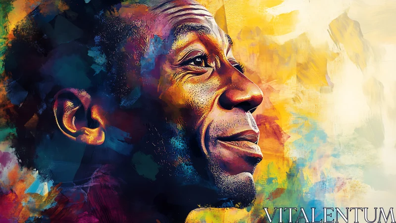 Digital portrait depicts side profile amid multicolor field