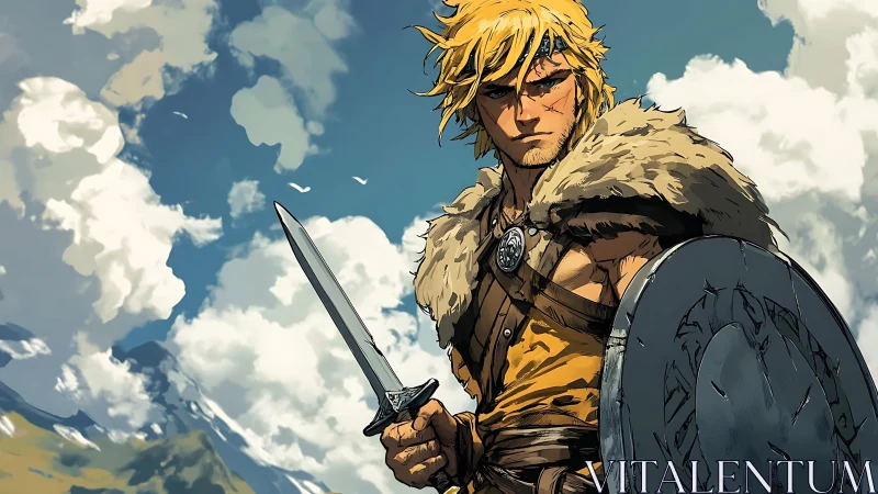 Skyward viking warrior stands defiant with blade and shield.
