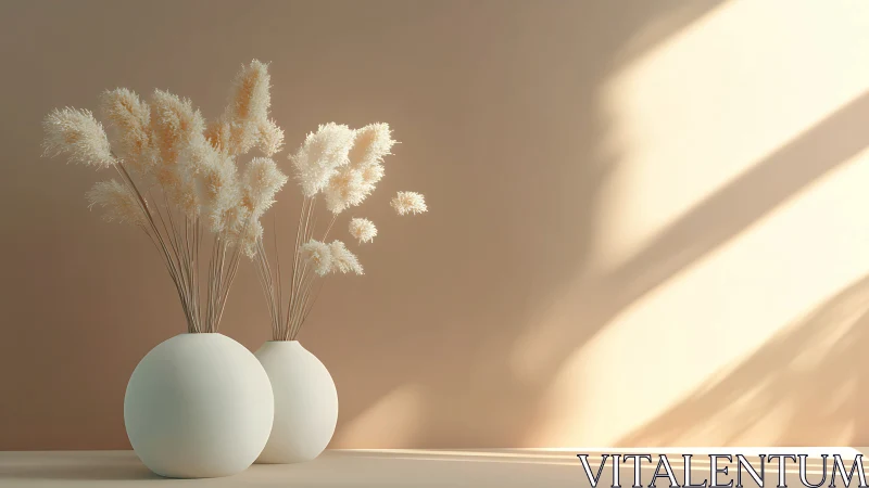 Two spherical vases hold pampas stems in directional side light