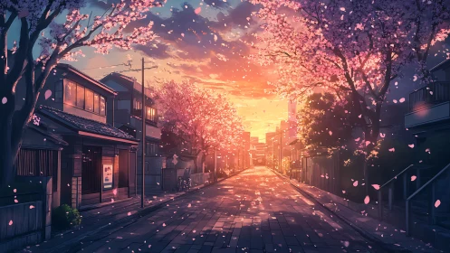 Sunlit cherry blossom street rendered in atmospheric anime style