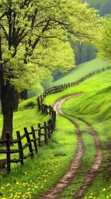 Sunlit country lane curling through bright spring meadows.