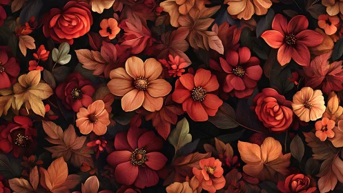 Floral Pattern with Red and Orange Blooms on Dark Background