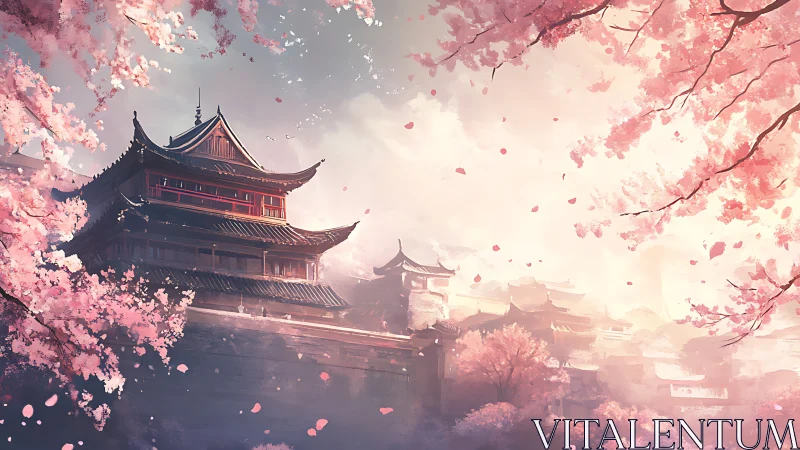 Sakura framed multi-tier pagoda in misty valley skyline