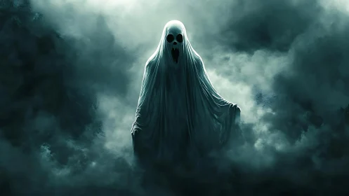 Ghostly shrouded figure emerges from dense swirling fog