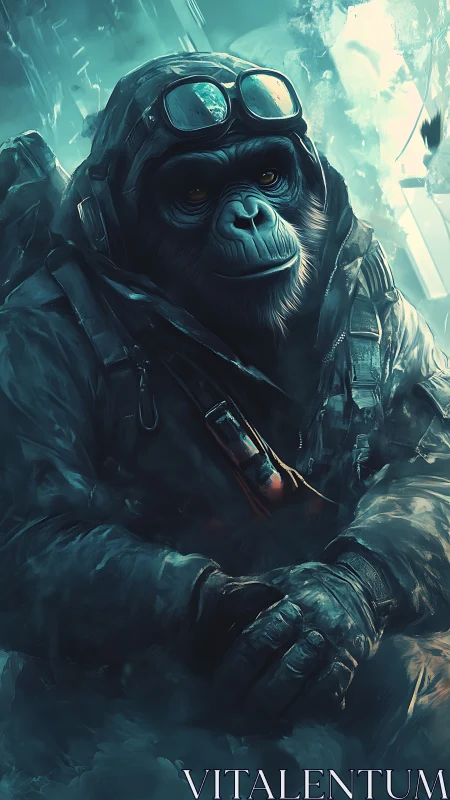 Adventurous astronaut chimp rests in a frozen, glowing world.